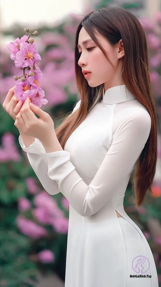 Ảnh gái xinh mặc áo dài mỏng tay cầm hoa bằng lăng tím 